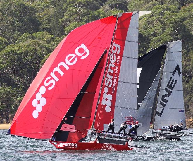 Smeg and Line 7 on the middle spinnaker run - JJ Giltinan 18ft Skiff Championship © Frank Quealey /Australian 18 Footers League http://www.18footers.com.au